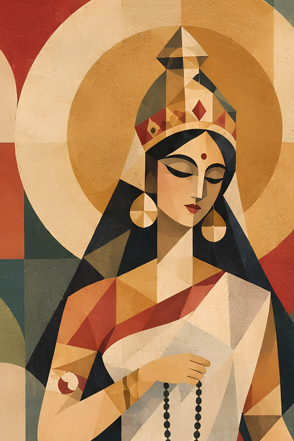 Close-up detail of Goddess Brahmacharini in the Cubist Navadurga painting, showing the faceted colour planes
