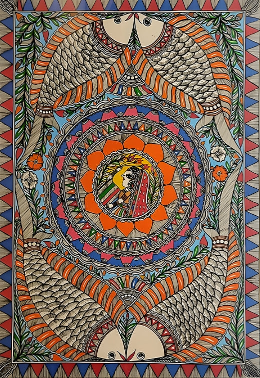 Fertility & Flow: Women with Four Fishes - Madhubani Painting
