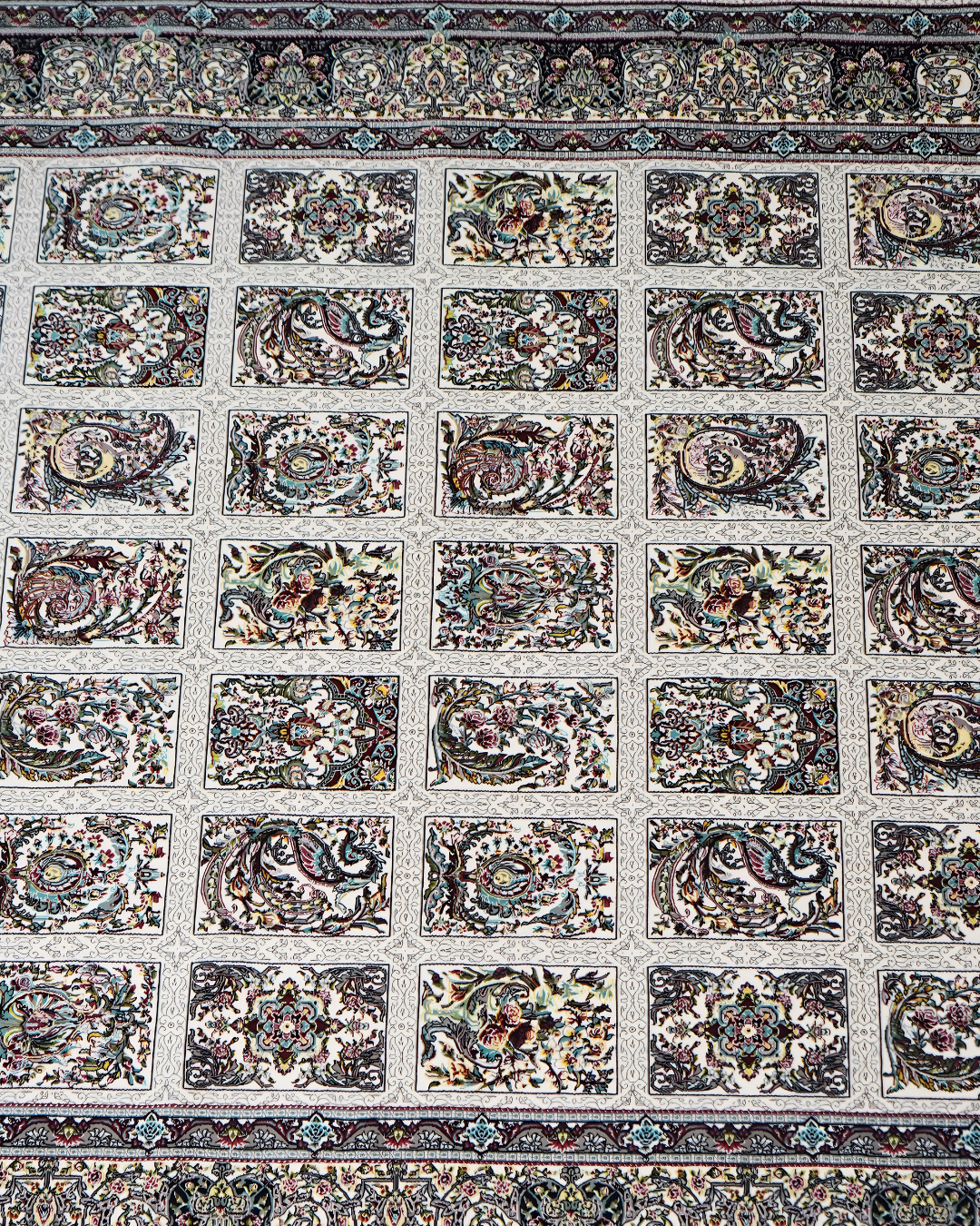 Bostaan Silk & Wool Blend Carpet – Ivory Boteh Panel Grid