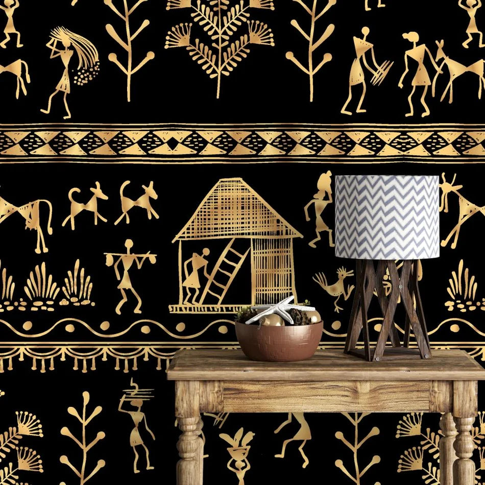 Warli: "Black and Golden Tribal Art" Wallpaper