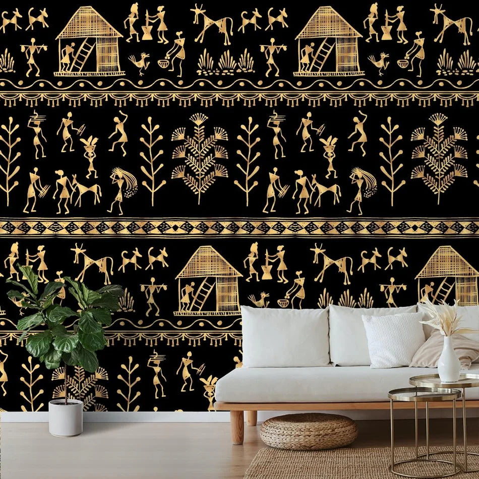 Warli: "Black and Golden Tribal Art" Wallpaper
