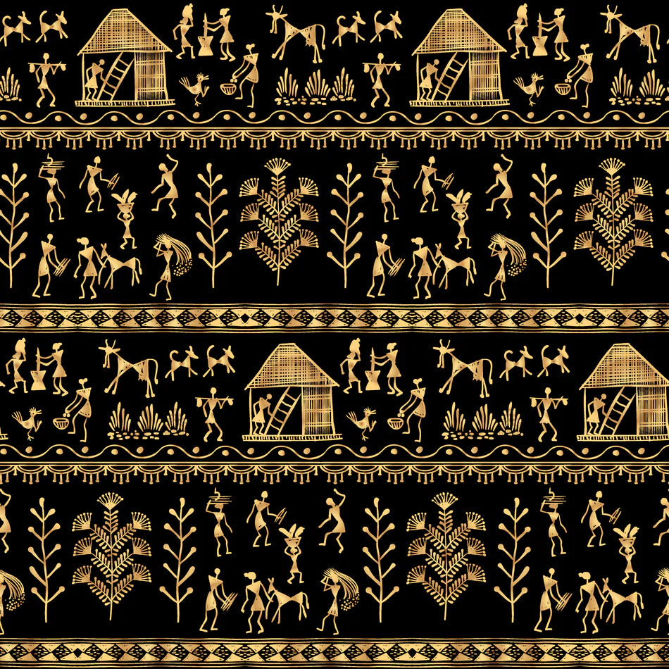 Warli: "Black and Golden Tribal Art" Wallpaper