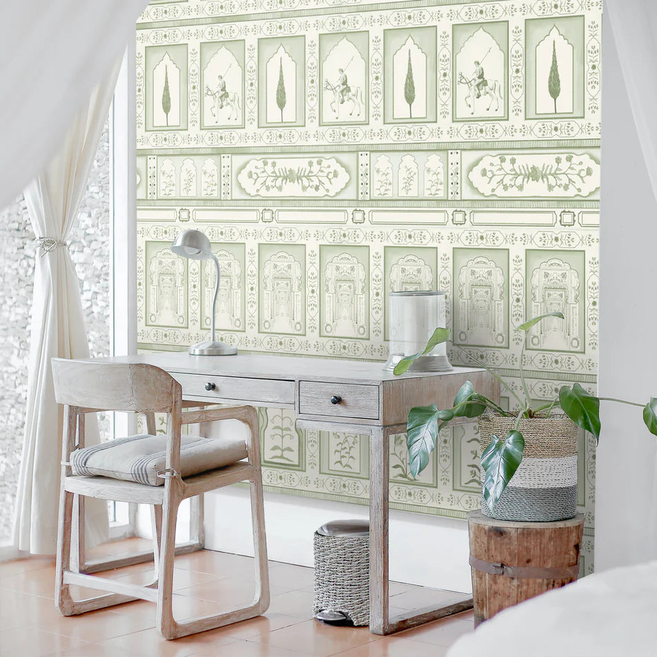 Heritage panels: Rajmahal wallpaper - customized floral wallpaper in sage green buy now