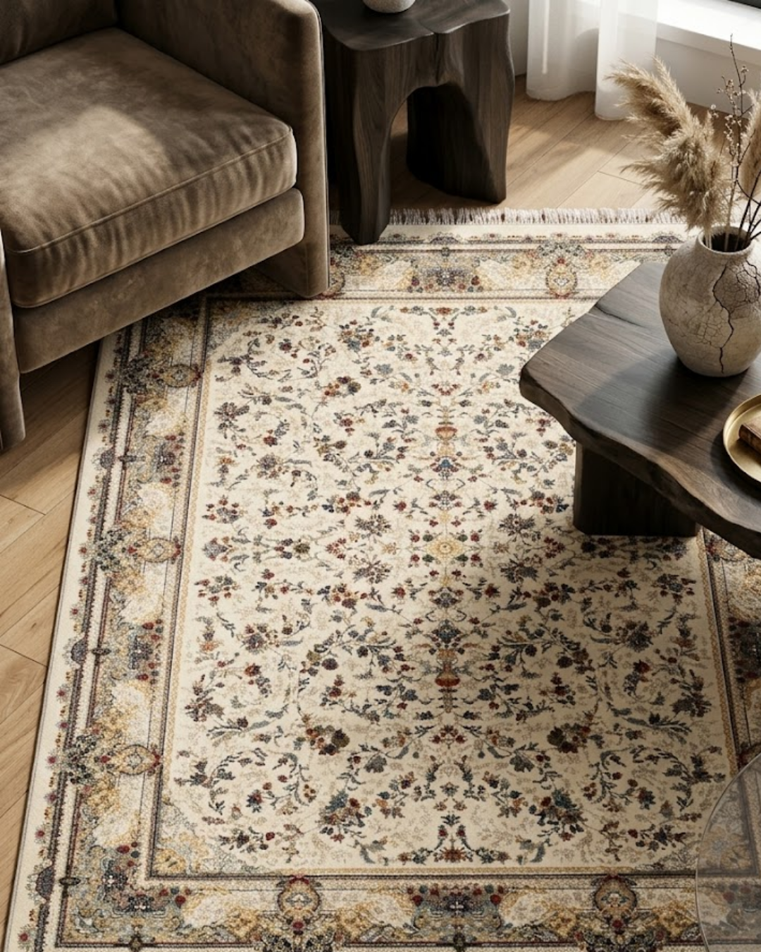 Rangin Silk & Wool Blend Carpet – Rose Teal Floral Allover
