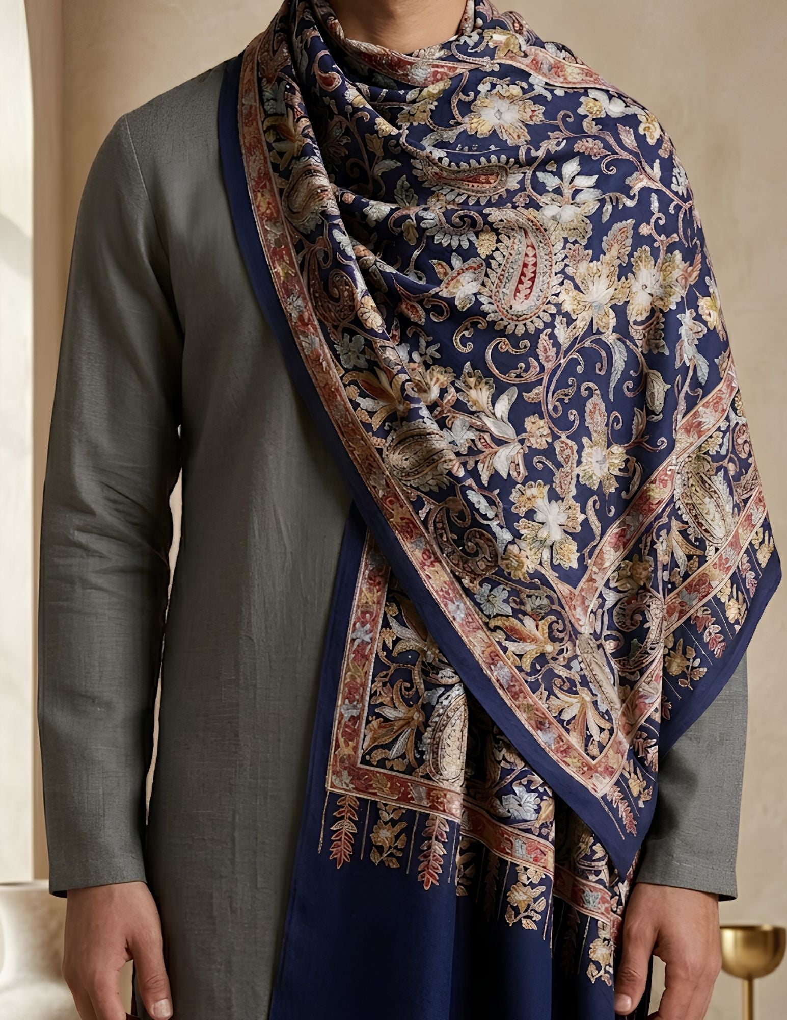 Close-up of Jamawar paisley and vine motifs in jewel tones on a navy ground.