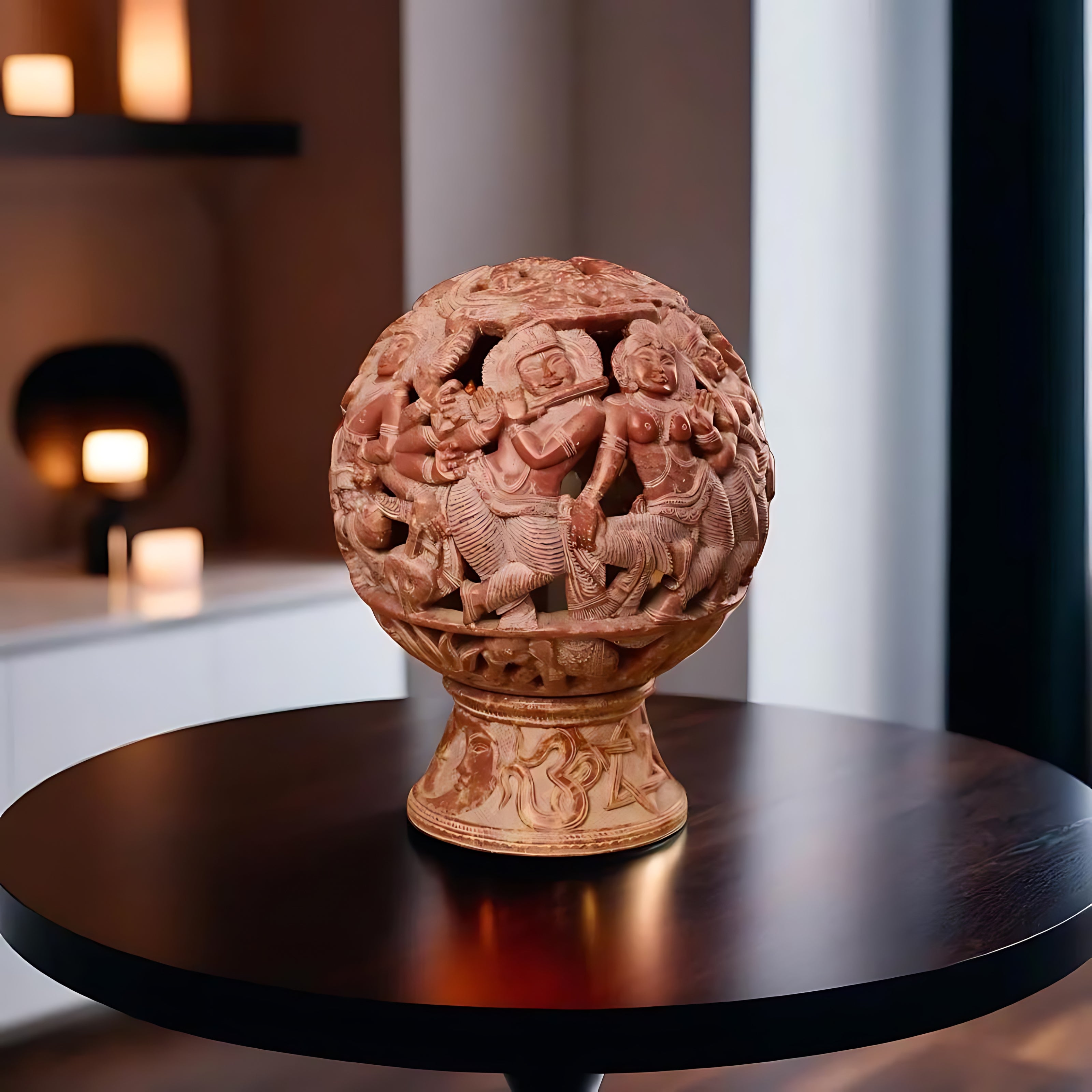 Artisan red stone lamp displayed in interior setting – Indian home décor accent.