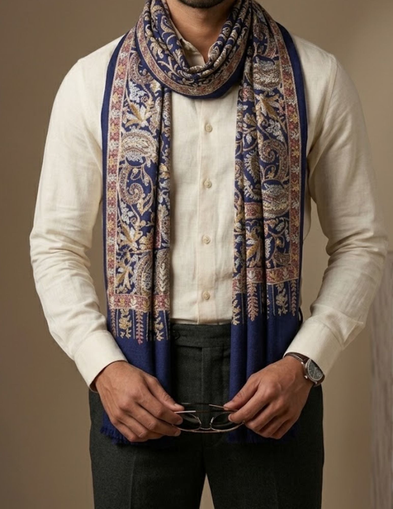 Navy Jamawar stole worn wrapped.