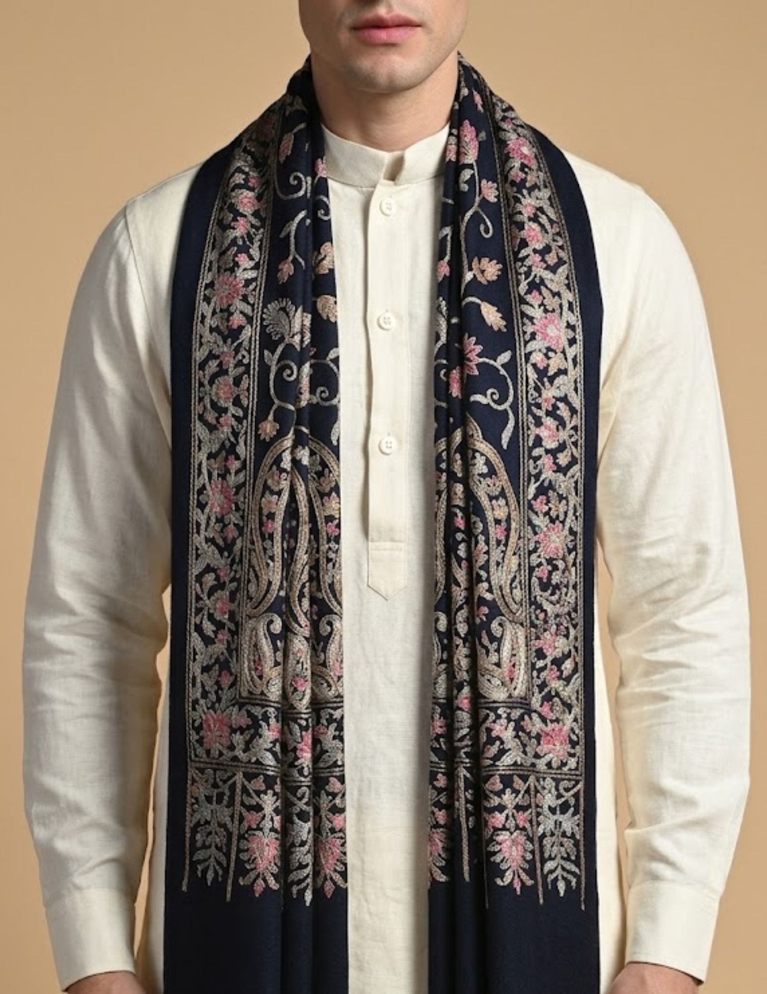 Midnight blue micro modal Aari embroidered stole with paisley and floral motifs in gold and pink.