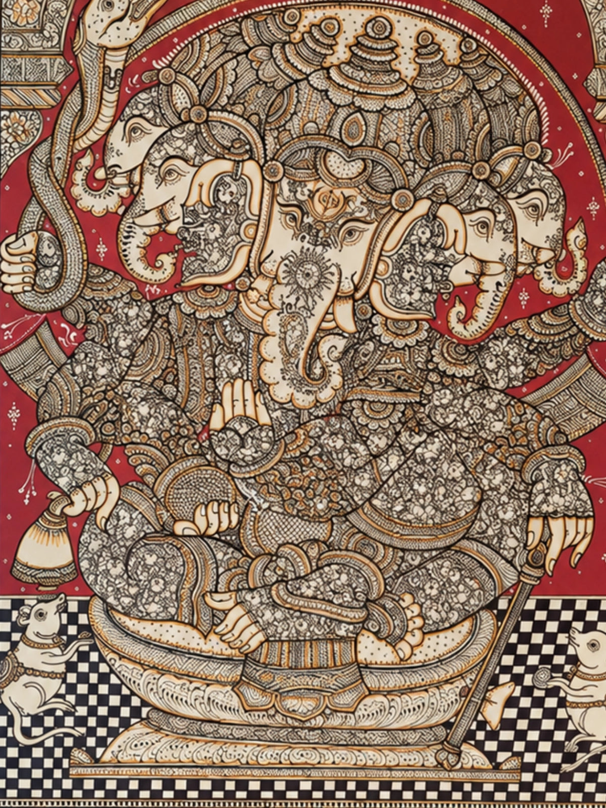 Handpainted – Kalamkari – Dancing Ganesha Within the Roundels