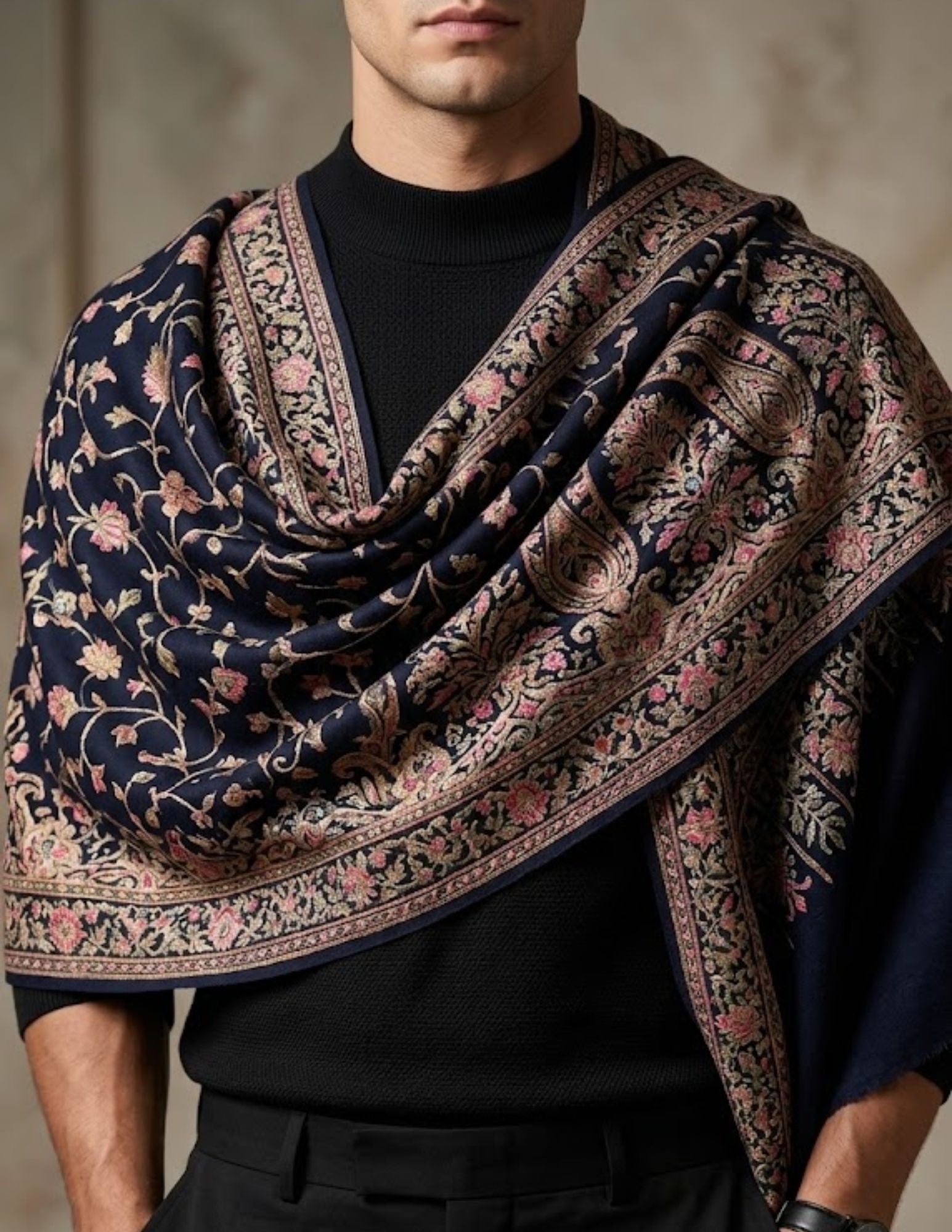 Midnight blue Aari embroidered stole worn over one shoulder.