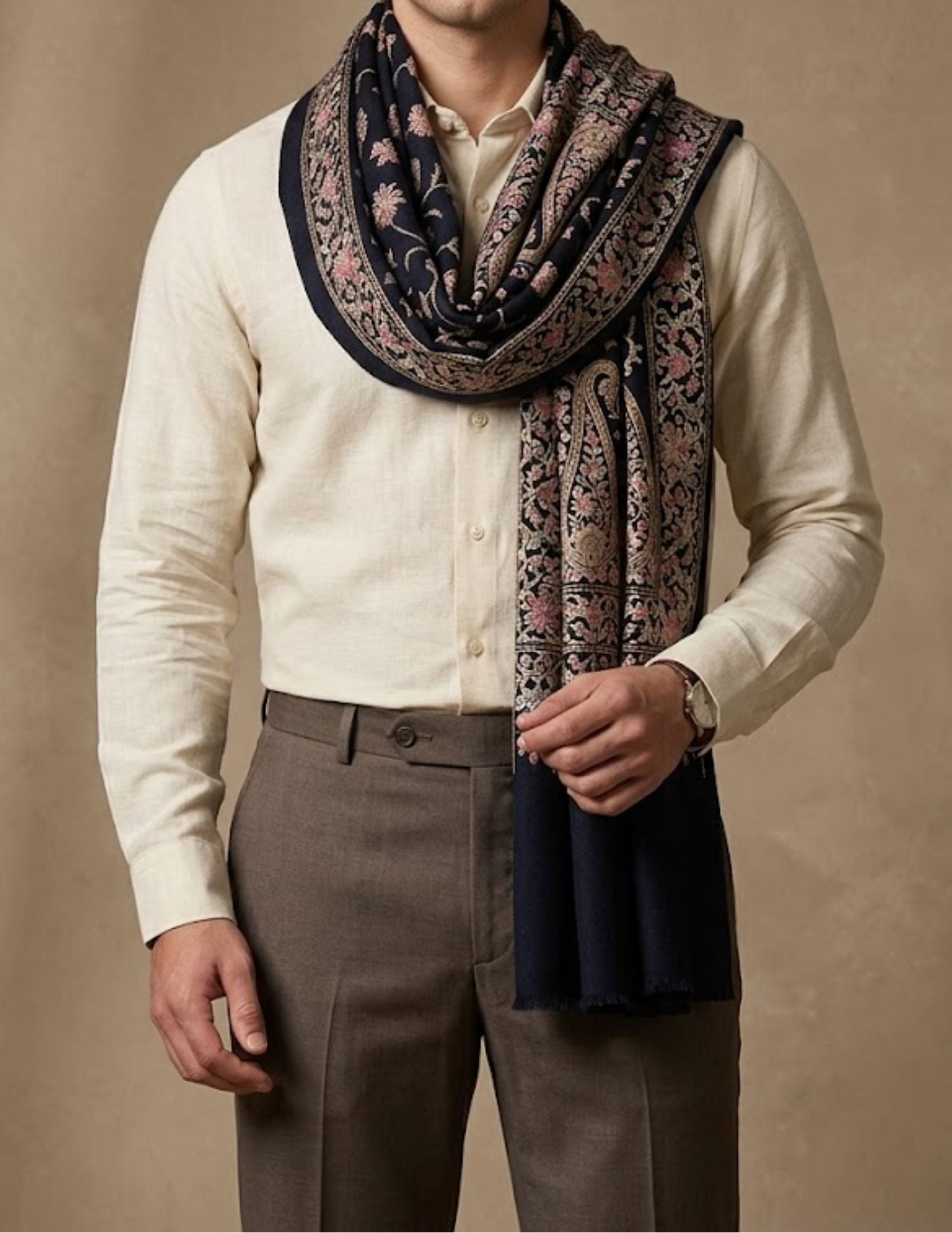 Midnight blue Aari embroidered stole worn wrapped.