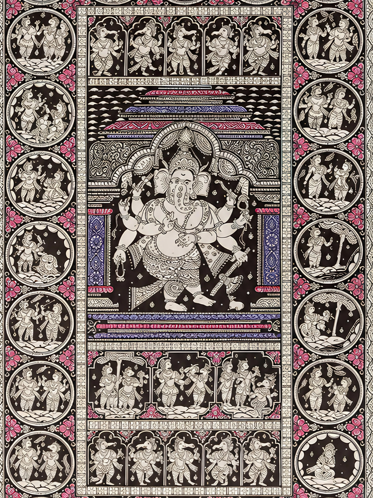 Handpainted – Kalamkari – Panchamukhi Ganesha on Crimson