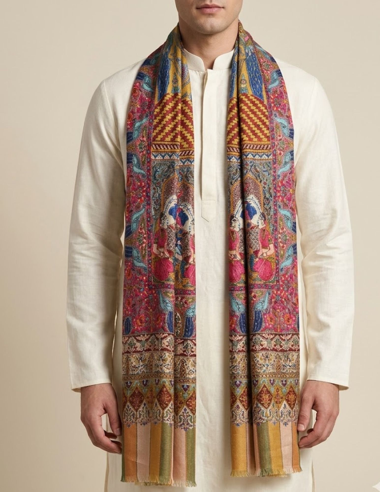 Multicolour Kani Jamawar stole worn over one shoulder.