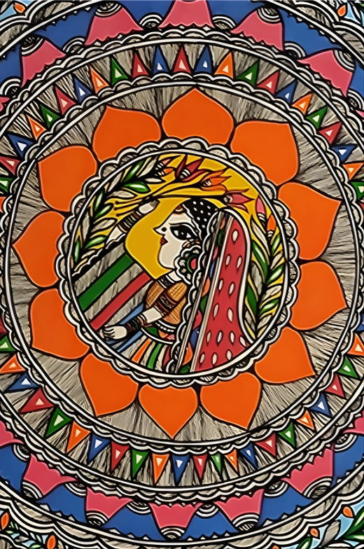 Fertility & Flow: Women with Four Fishes - Madhubani Painting