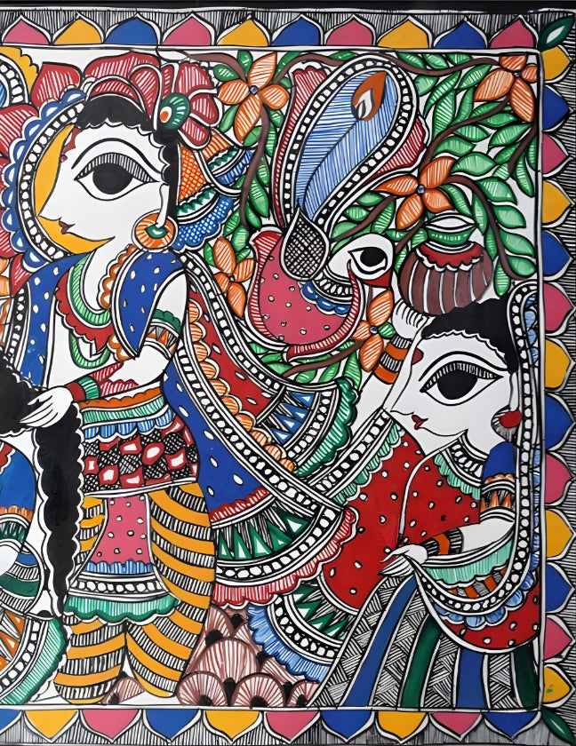 Divine Rasa: Krishna with Gopikas - Madhubani Painting