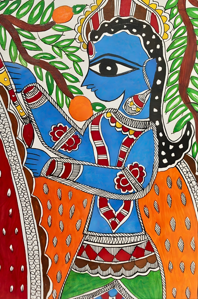 Rasa of Devotion: Krishna with Gopikas - Madhubani Painting