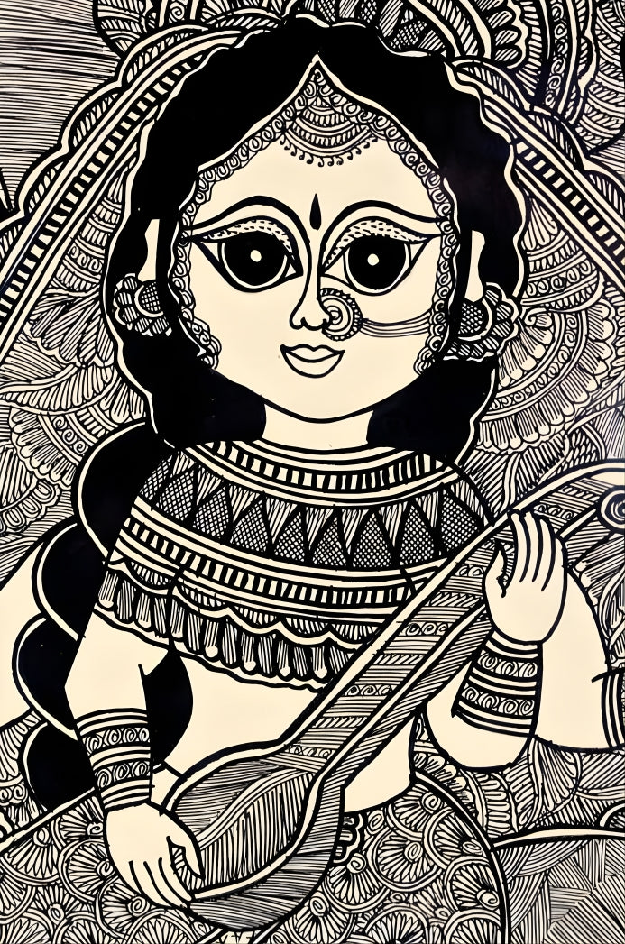 Saraswati in Kachni Style – Madhubani Painting