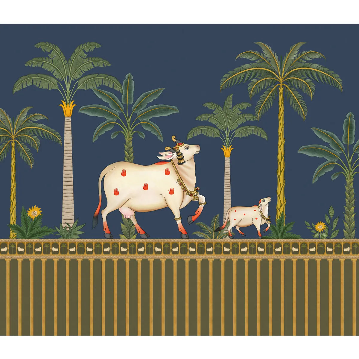 Surabhi Pichwai Design Wallpaper Customised Blue, cow, tree, indian art, traditional, mandir, shop now