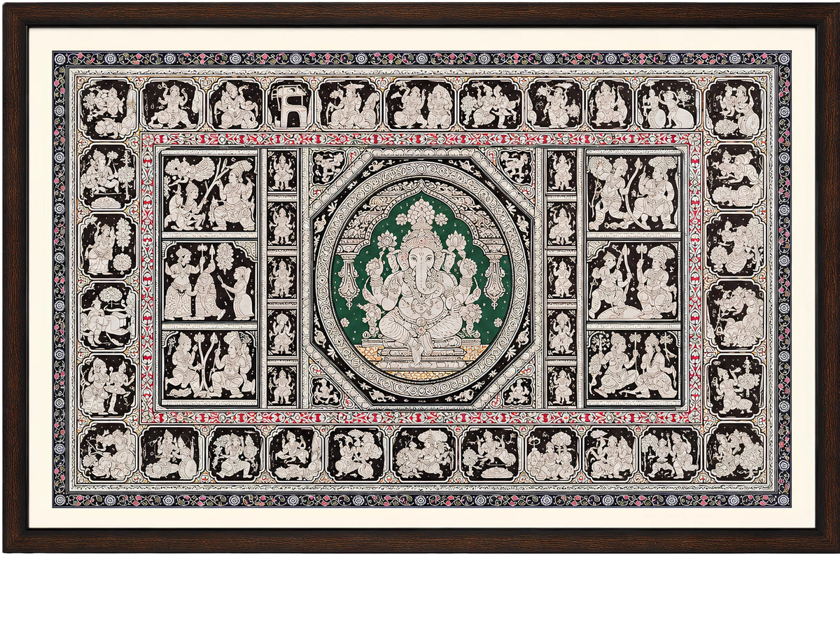 Handpainted – Kalamkari – Ganesha in the Emerald Medallion