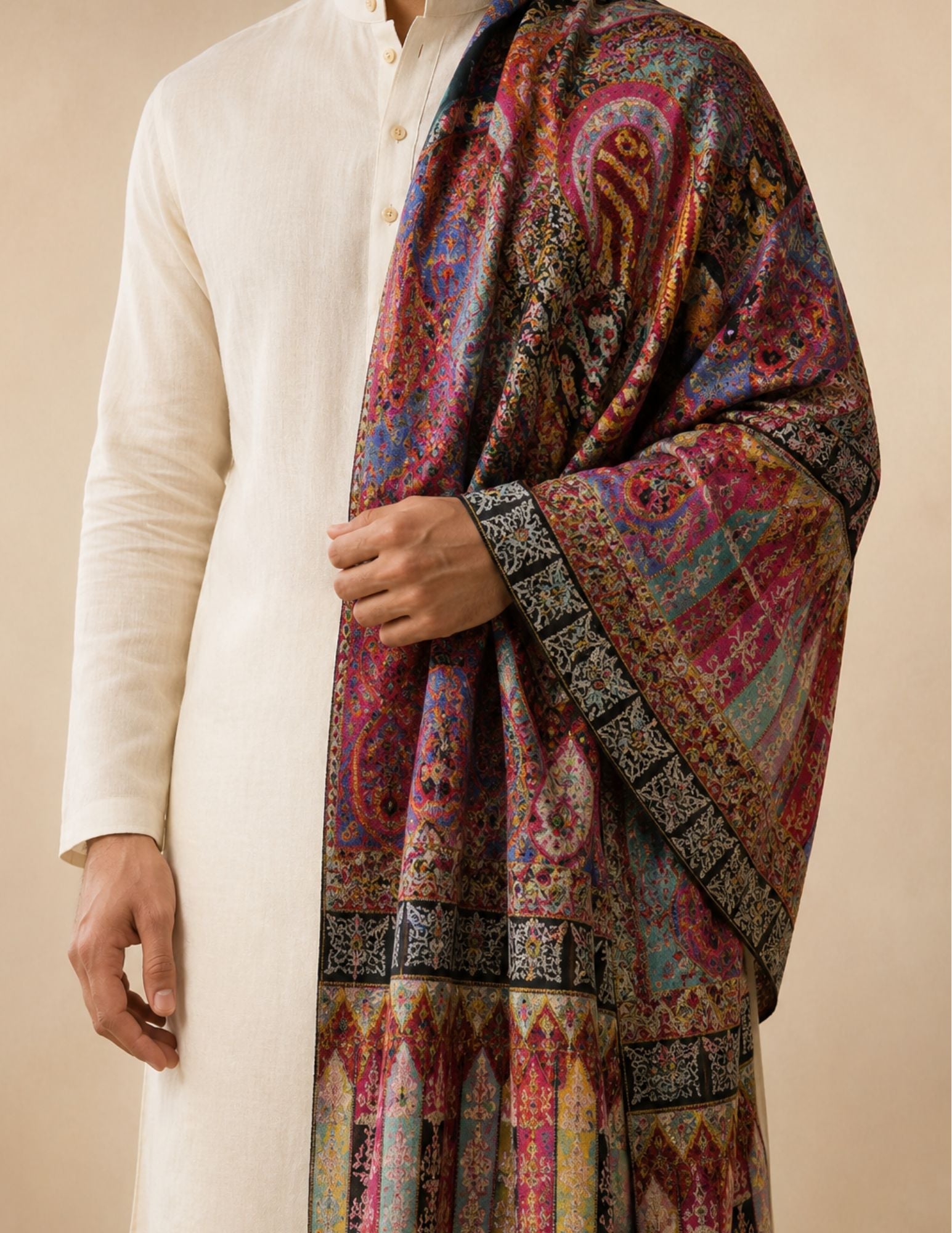 Multicolour Kani patchwork stole with sections in magenta, teal, and midnight blue.