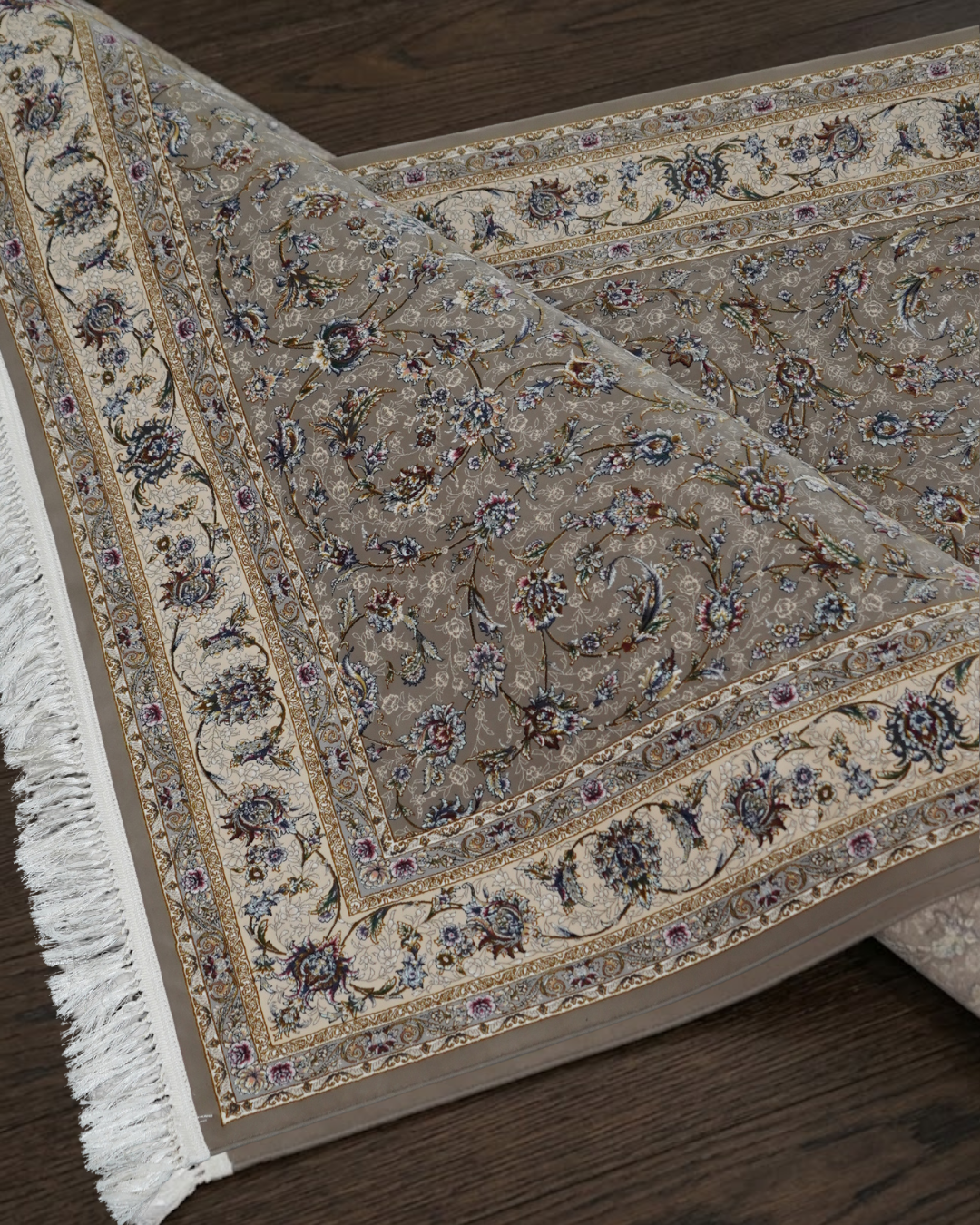 Nasim Silk & Wool Blend Carpet – Silver Arabesque Scrollwork