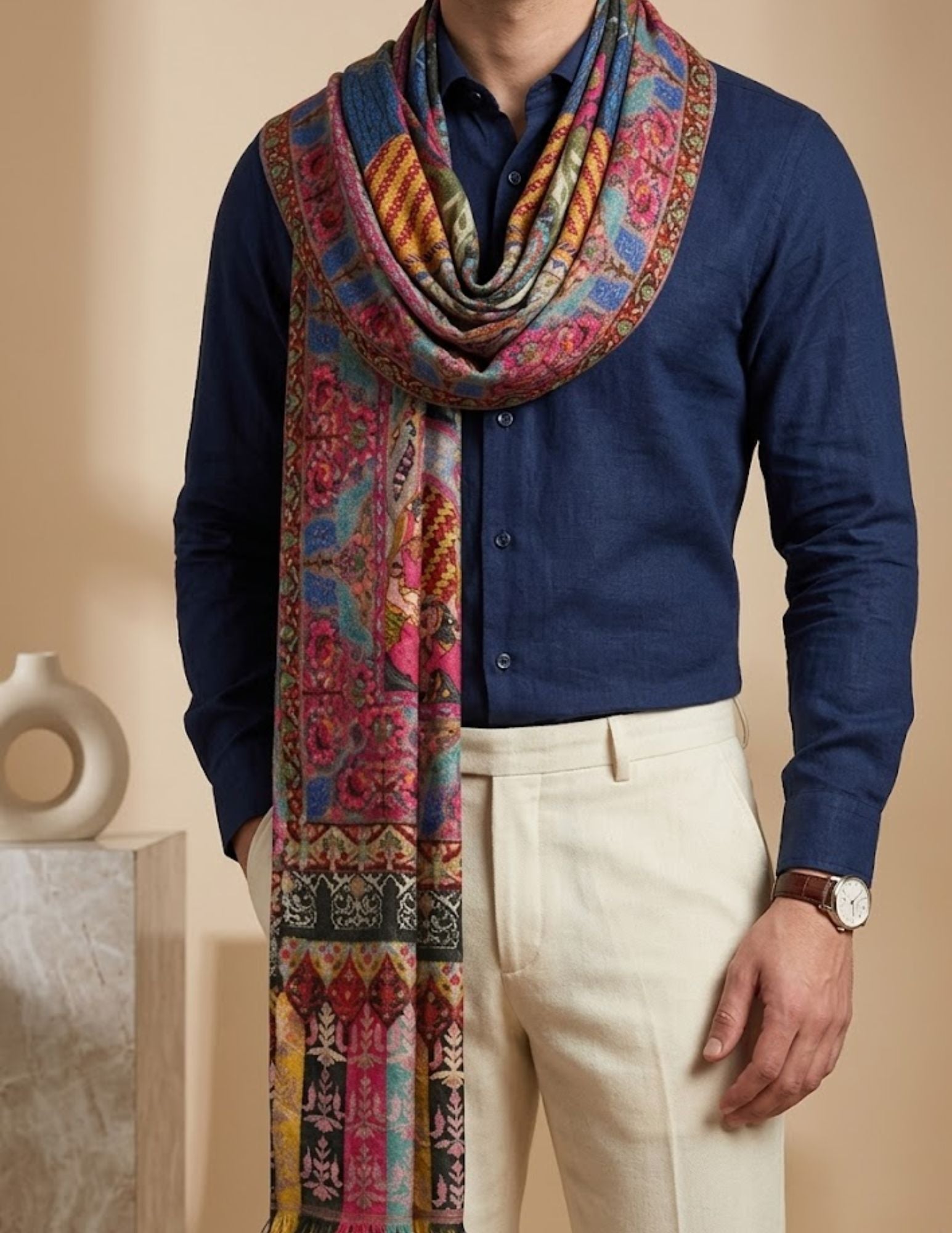 Kani tapestry stole showing ornamental border in ivory and grey.