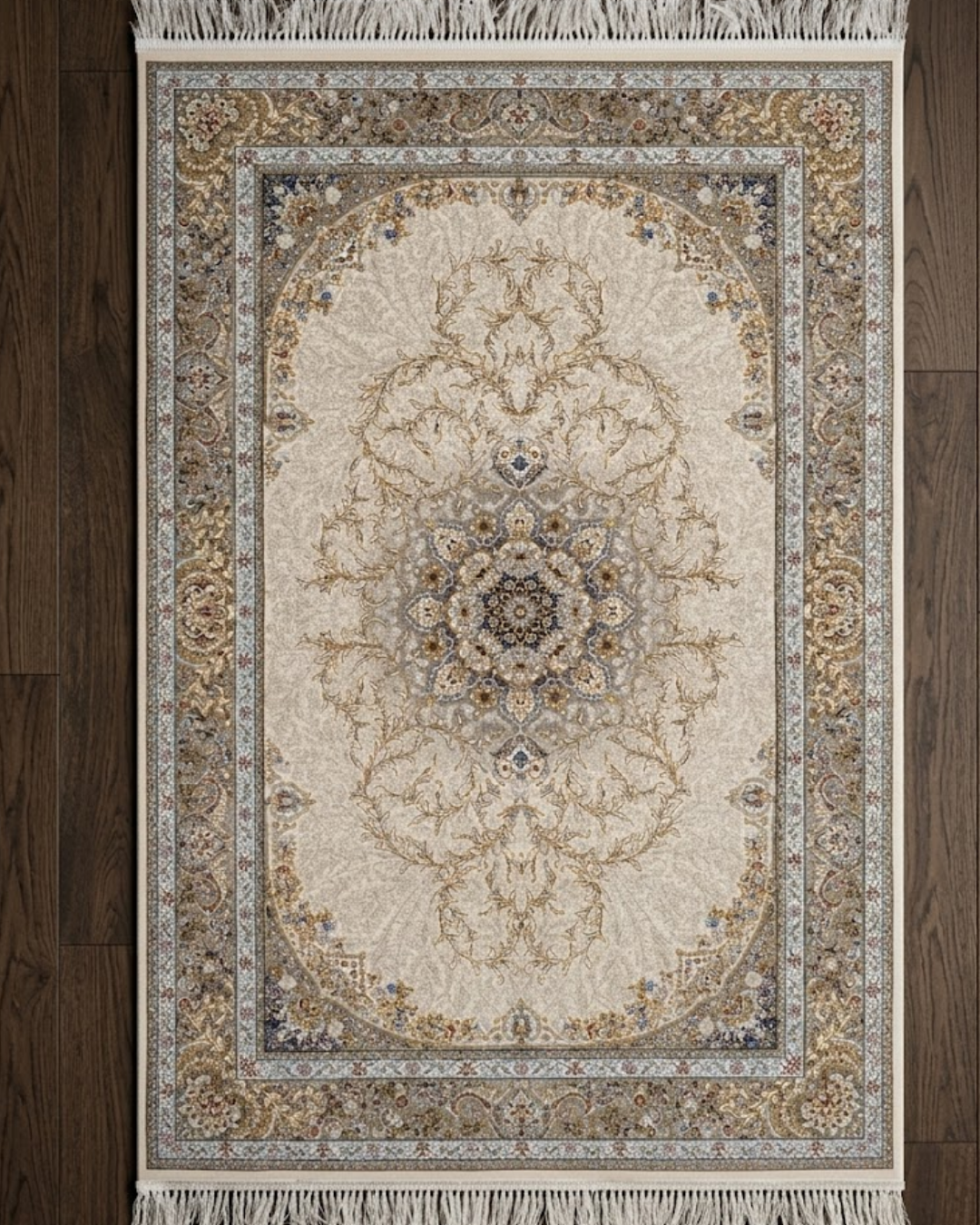 Zarrin Silk & Wool Blend Carpet – Ornate Gold Oval Medallion