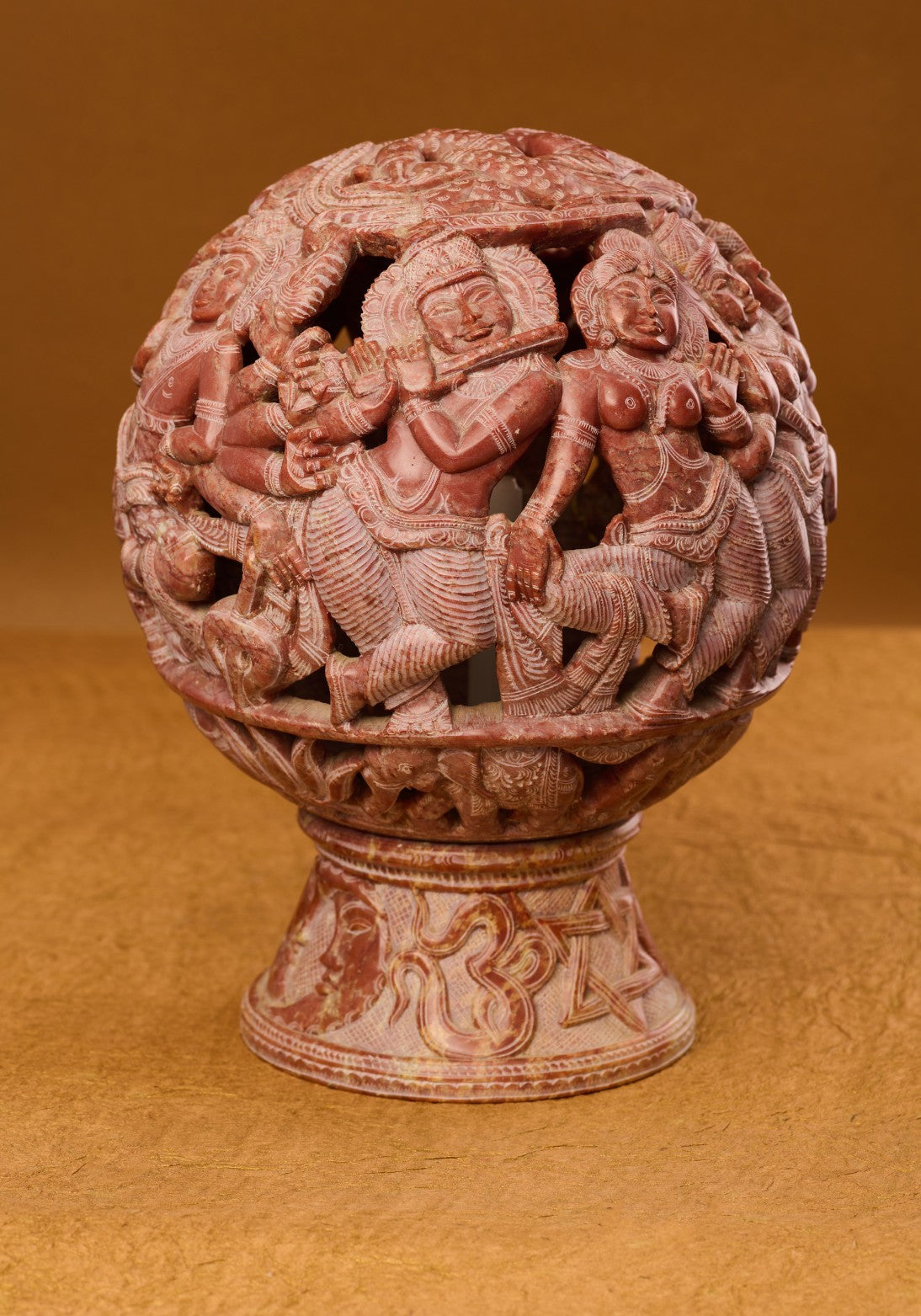 Red stone carved lamp shade with base – handcrafted Indian home décor accent.