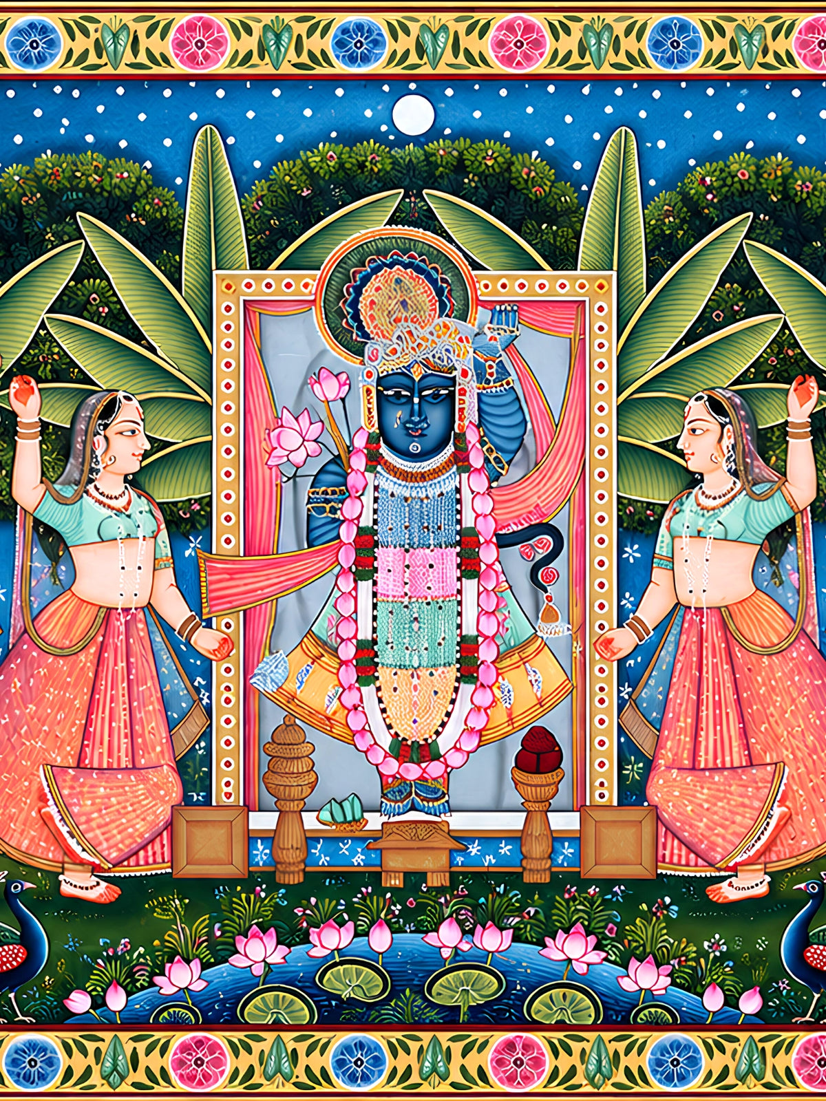Handpainted – Pichwai – Shrinathji with Six Gopis by the Lotus Pond