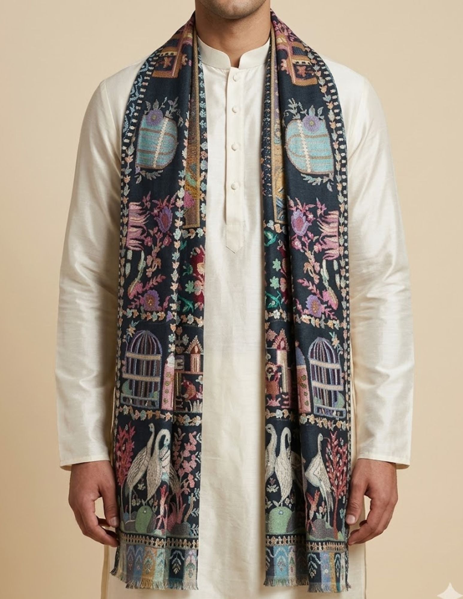 Dark teal Jamawar stole worn over one shoulder.