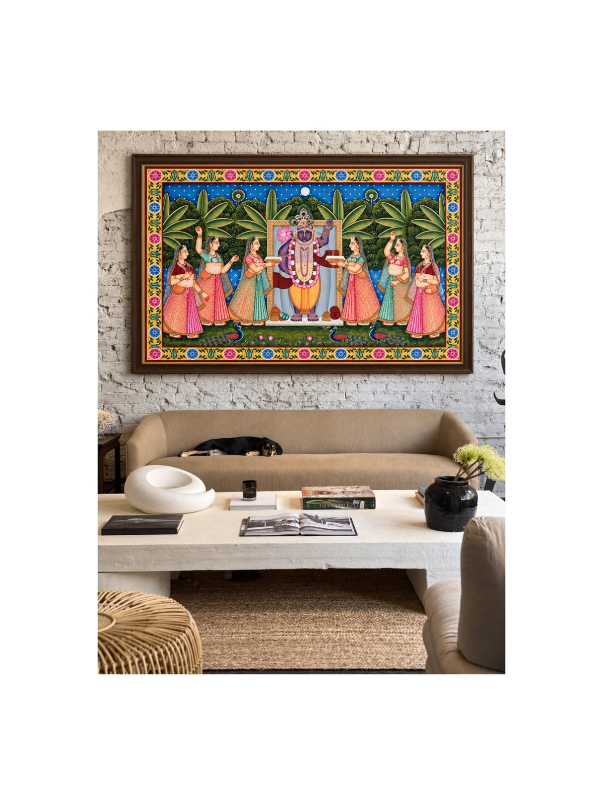 Handpainted – Pichwai – Shrinathji with Six Gopis and Peacocks