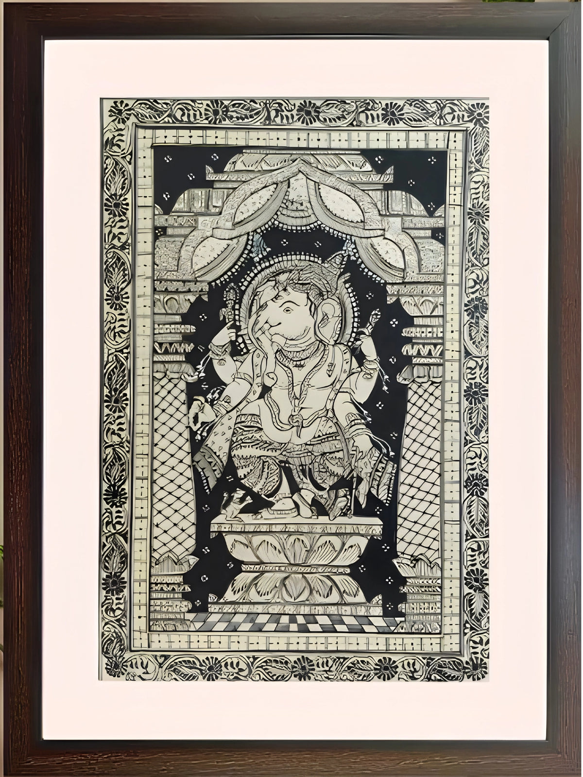 Handpainted – Kalamkari – Ganesha in Black and Ivory