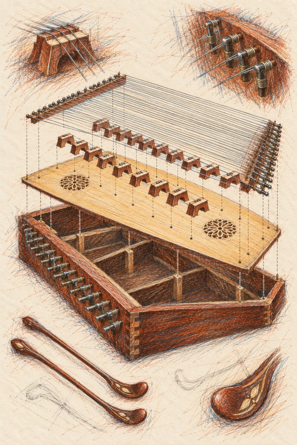 Classical instrument art print of an exploded santoor with lifted soundboard, bridges, tuning pins and mallets on cream