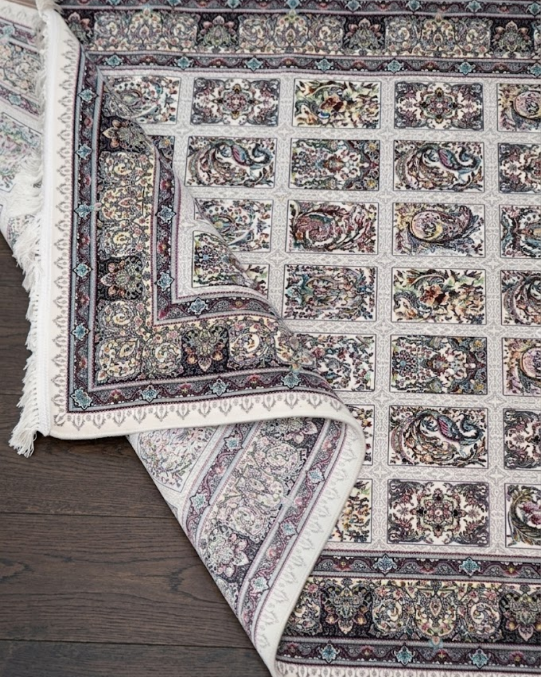 Bostaan Silk & Wool Blend Carpet – Ivory Boteh Panel Grid