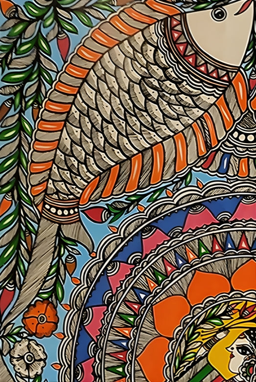 Fertility & Flow: Women with Four Fishes - Madhubani Painting