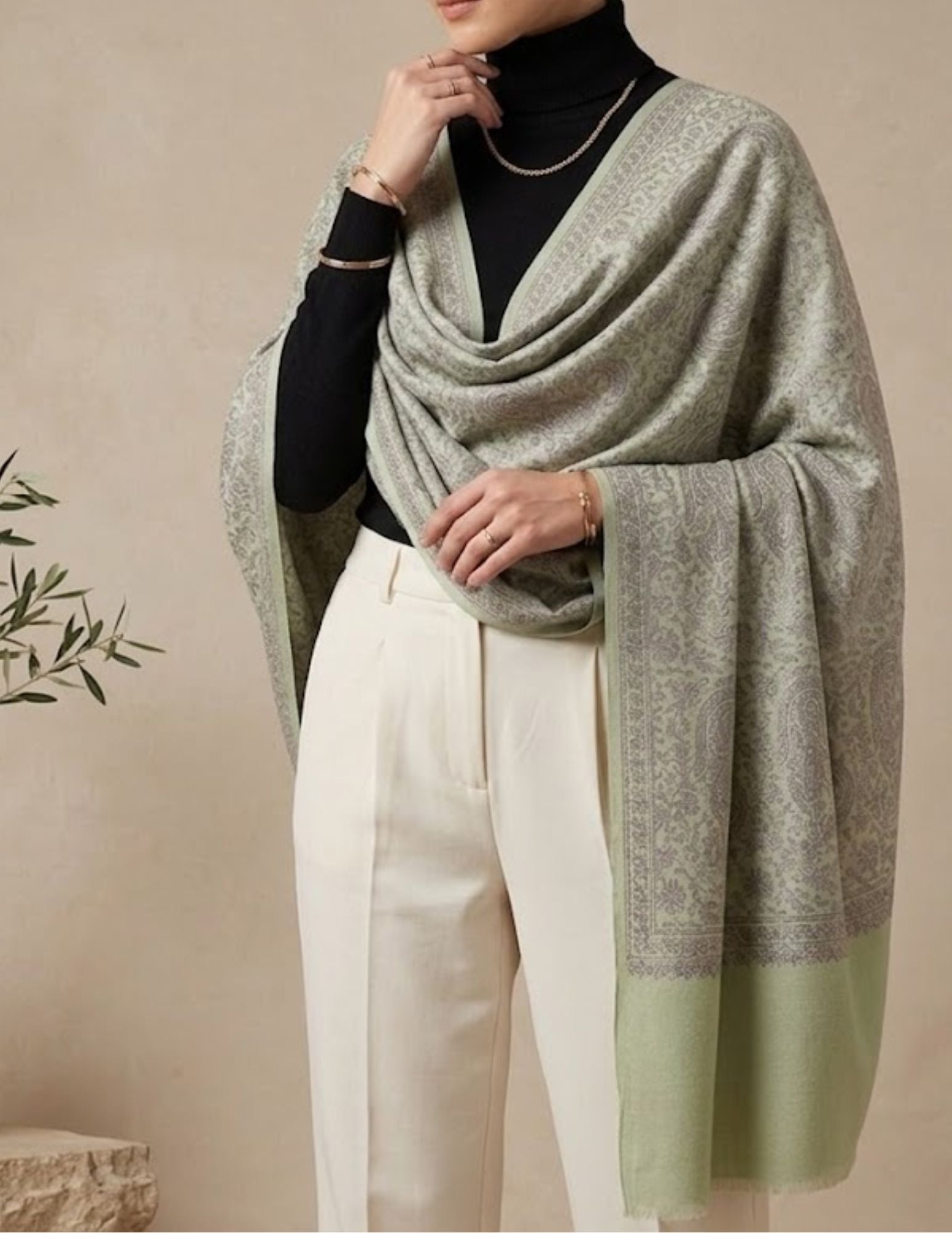 Bageecha Sozni Embroidered Stole – Sage Paisley Wool Silk