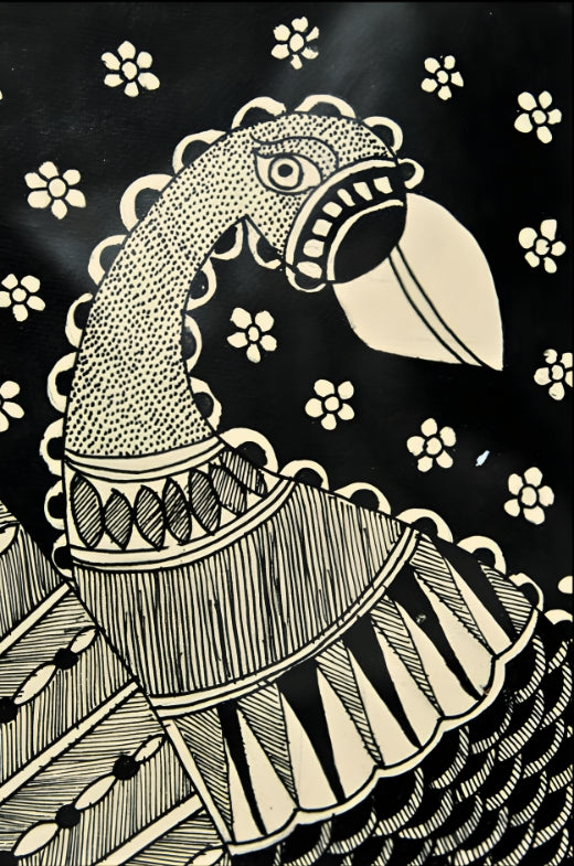 Harmony of Grace & Abundance: Peacock & Fish Mandala - Madhubani Painting