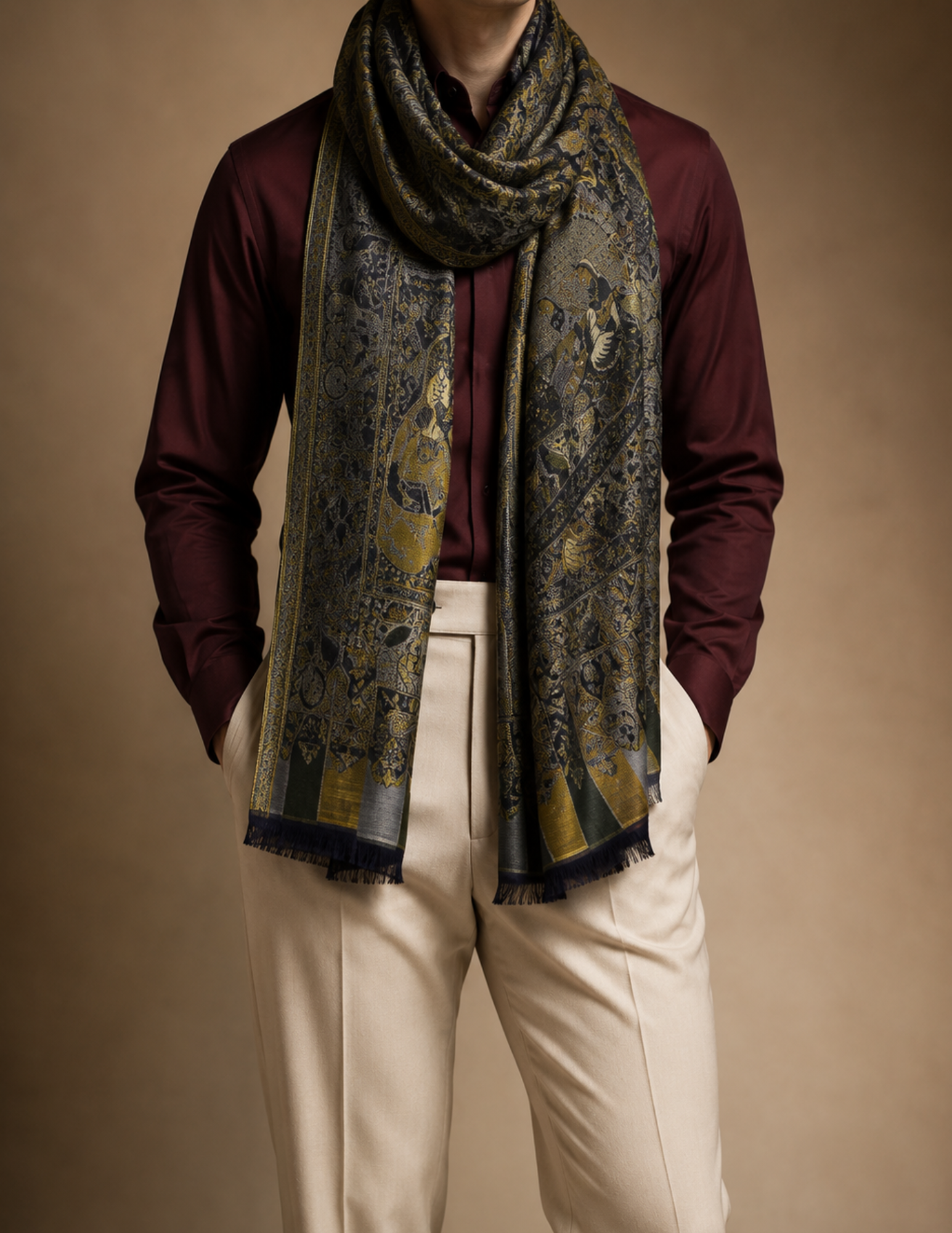 Chinar Jamawar Kashmiri Stole – Forest Green Micro Modal