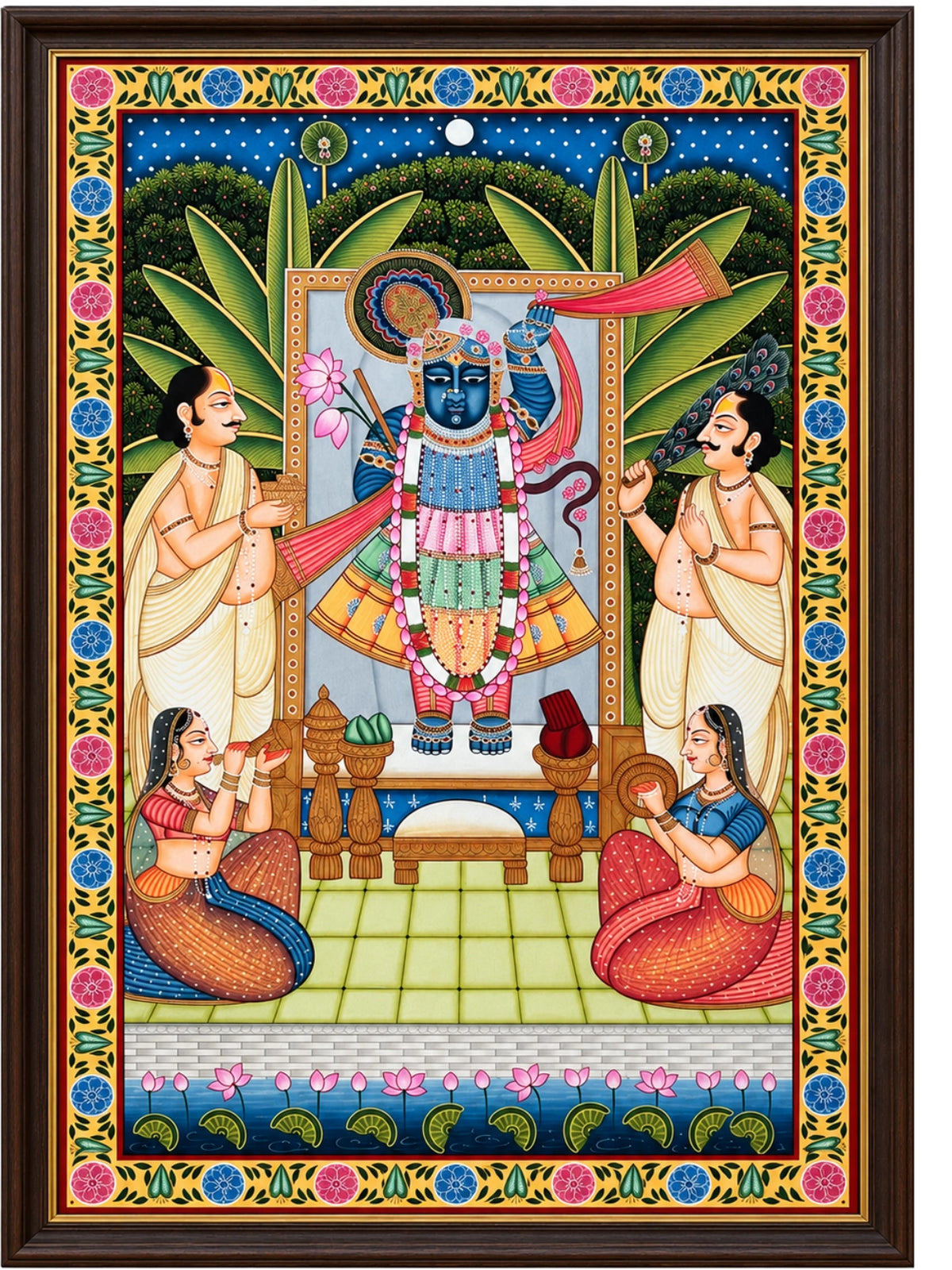 Handpainted – Pichwai – Shrinathji with the Priests and Musicians