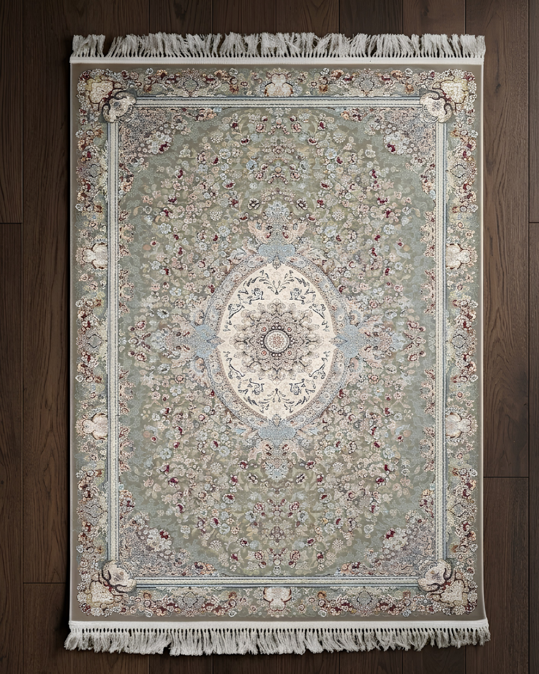 Navroz Silk & Wool Blend Carpet – Classic Gold Floral Medallion