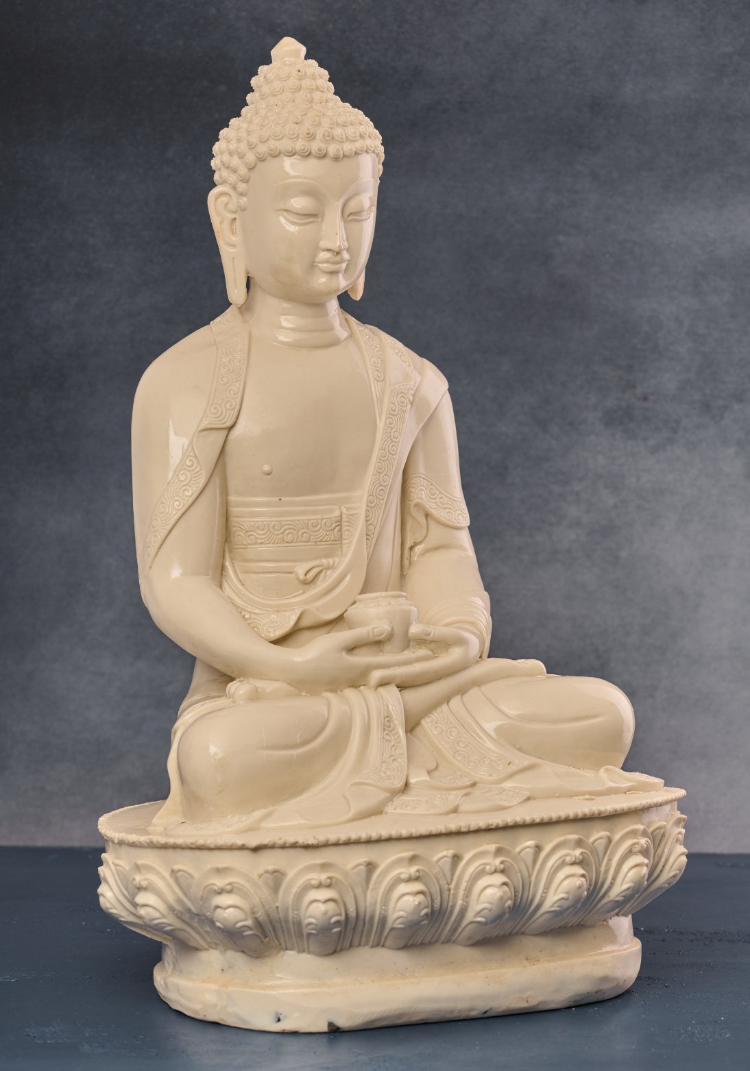 White Serene Buddha in Concrete, Wood and Papier Mache