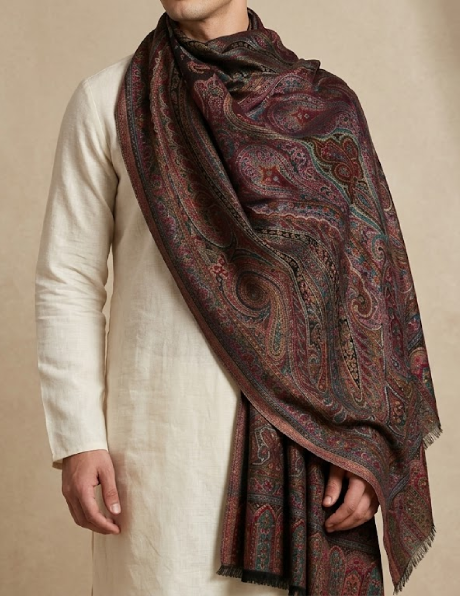 Gulbahar Jamawar Kashmiri Stole – Burgundy Micro Modal