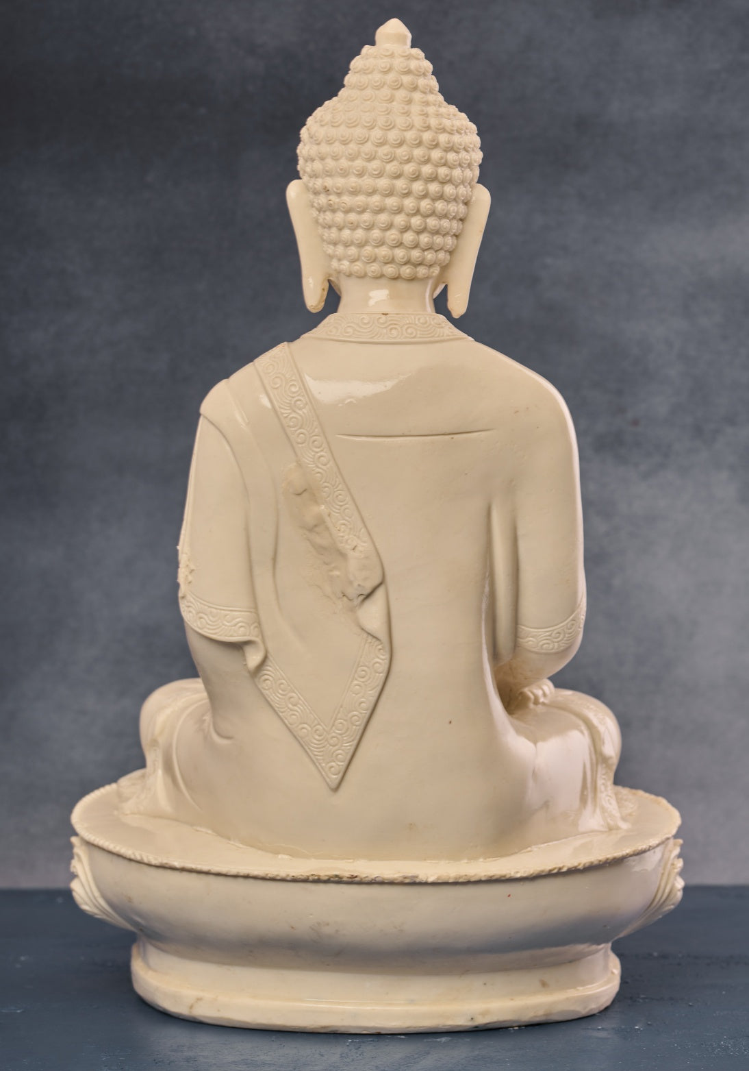 White Serene Buddha in Concrete, Wood and Papier Mache
