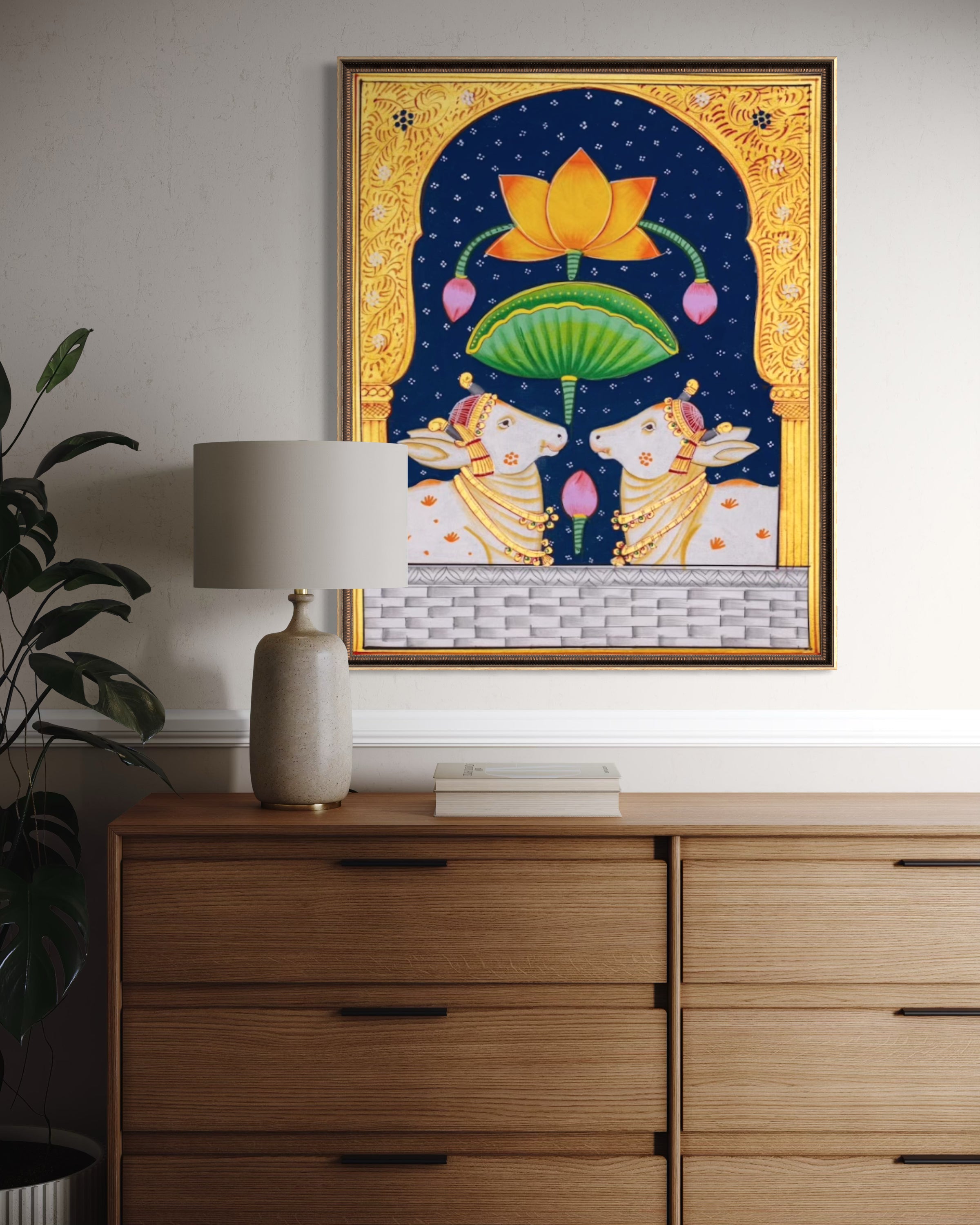 Celestial Lotus & Sacred Pair - Indigo Pichwai Painting