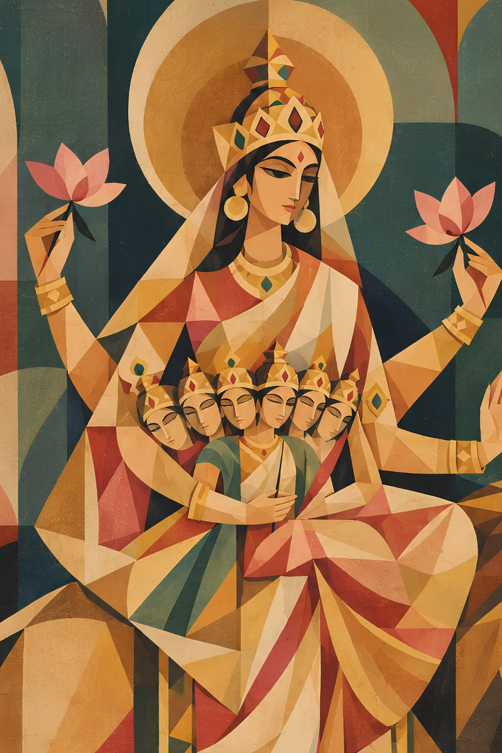 Close-up detail of Goddess Skandamata in the Cubist Navadurga painting, showing the faceted colour planes