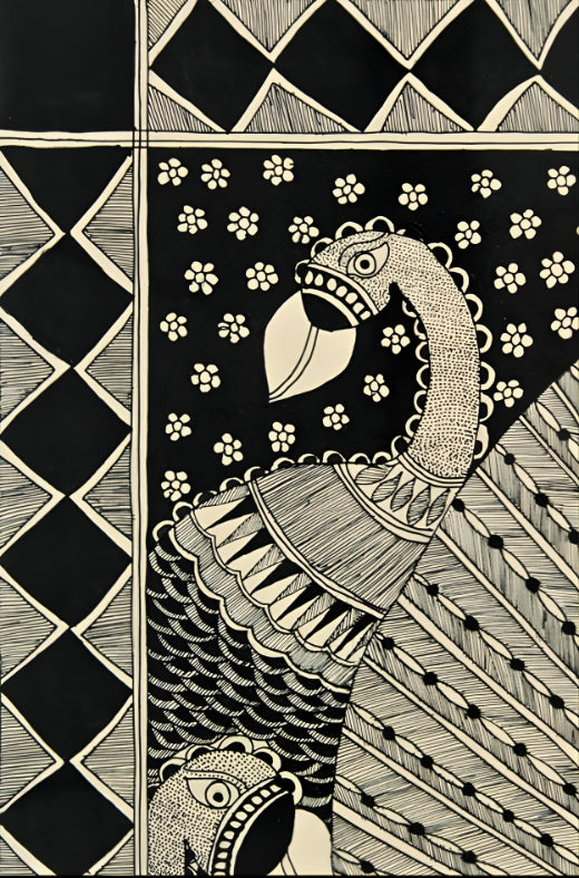 Harmony of Grace & Abundance: Peacock & Fish Mandala - Madhubani Painting