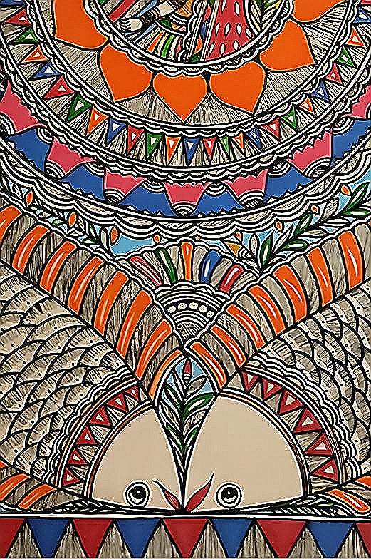 Fertility & Flow: Women with Four Fishes - Madhubani Painting