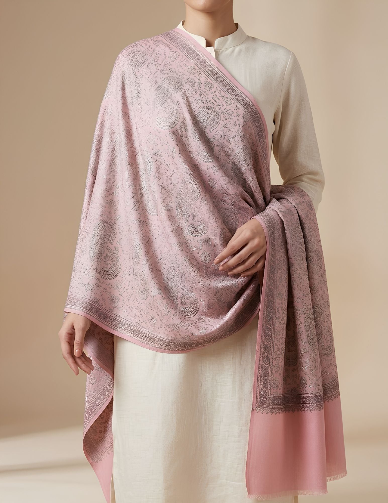Gulrukh Sozni Embroidered Stole – Blush Paisley Wool Silk