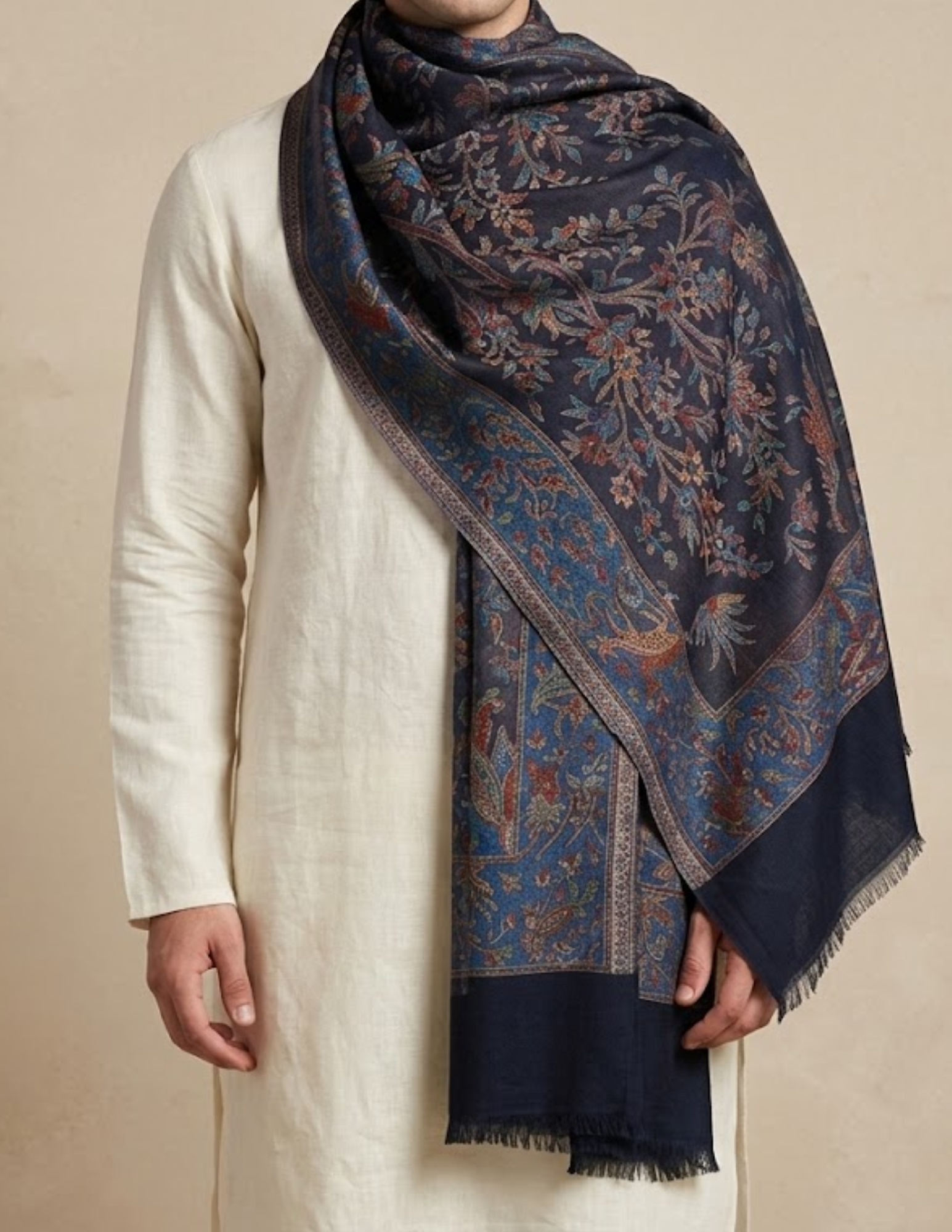 Baghbaan Jamawar Kashmiri Stole – Navy Botanical Micro Modal