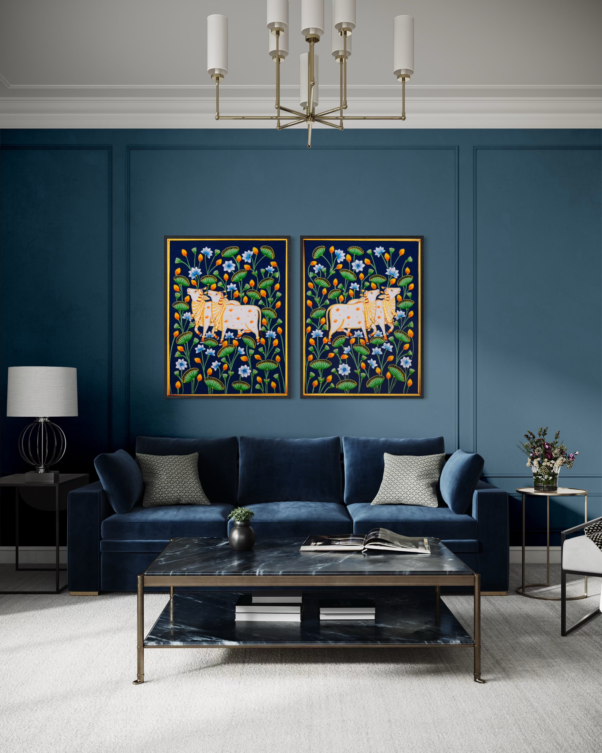 Sacred Pair in the Lotus Garden – Indigo Pichwai Painting (Set of 2)